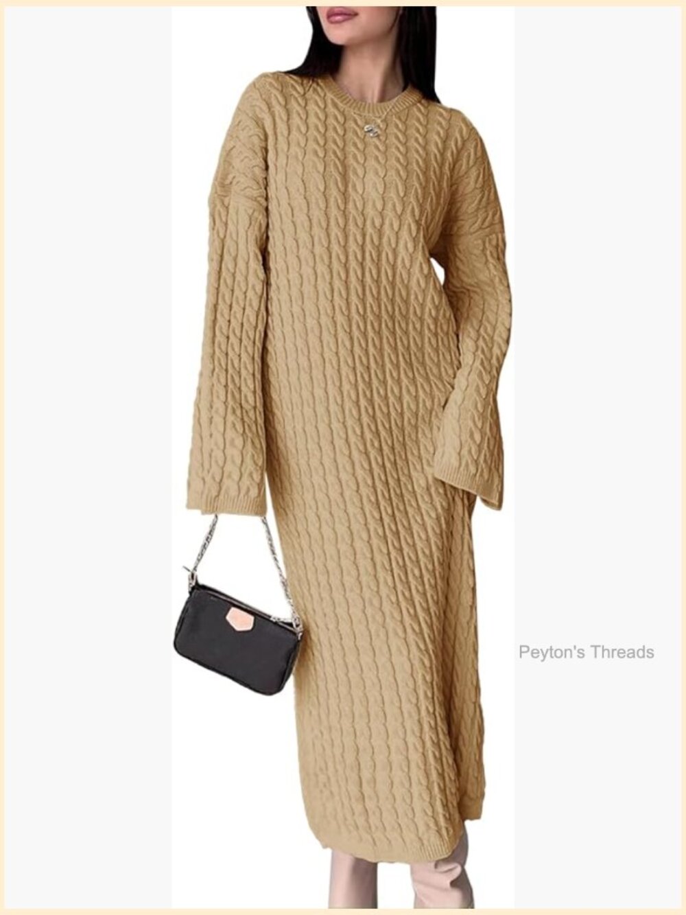 Oversized Cable Knit Sweater Dress Crew Neck Long Sleeve Midi Pullover - Picture 1 of 7